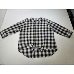 Belle Kim Gravel Black White Plaid Long Sleeve Button Up Tie Up Shirt Size Lg
